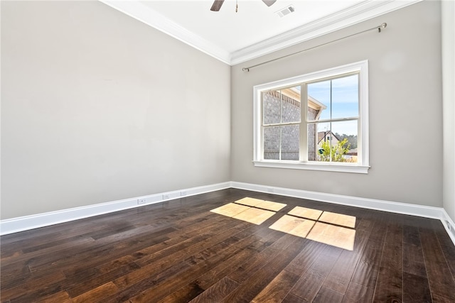 unfurnished room with a ceiling fan, visible vents, baseboards, ornamental molding, and dark wood finished floors