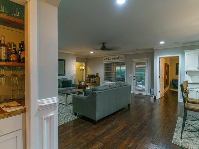 1201 Live Oak Cir, Opelika, AL 36801 - living area featuring ornamental molding, ceiling fan, dark wood-style floors, and recessed lighting