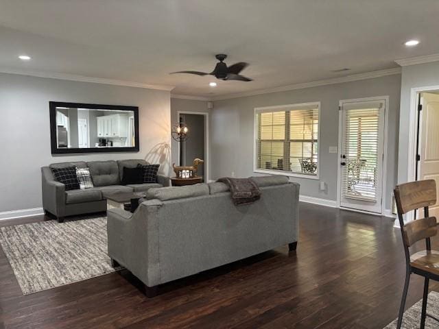 1201 Live Oak Cir, Opelika, AL 36801 - living room with dark wood-style flooring, a ceiling fan, ornamental molding, and recessed lighting