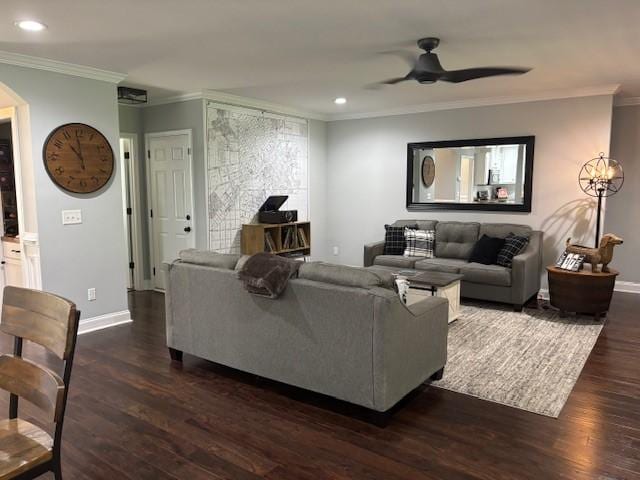 1201 Live Oak Cir, Opelika, AL 36801 - living room featuring crown molding, dark wood-style flooring, recessed lighting, ceiling fan, and arched walkways