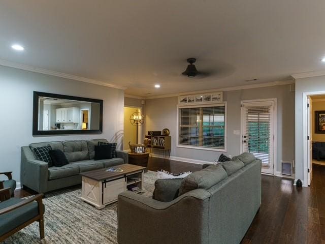 1201 Live Oak Cir, Opelika, AL 36801 - living room with wood finished floors, ornamental molding, baseboards, recessed lighting, and a ceiling fan