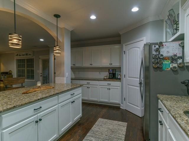 1201 Live Oak Cir, Opelika, AL 36801 - kitchen featuring freestanding refrigerator, crown molding, white cabinetry, dark wood-style flooring, and recessed lighting