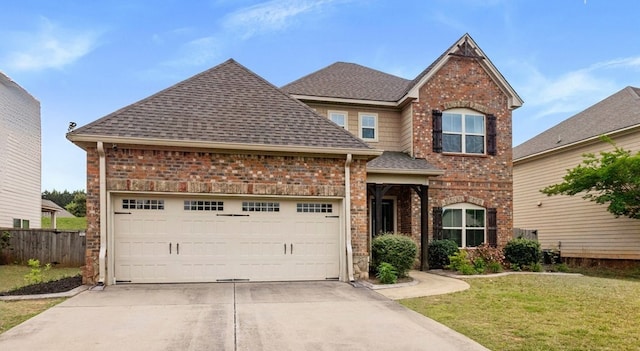 view of front facade featuring driveway, a front yard, brick siding, fence, and a shingled roof