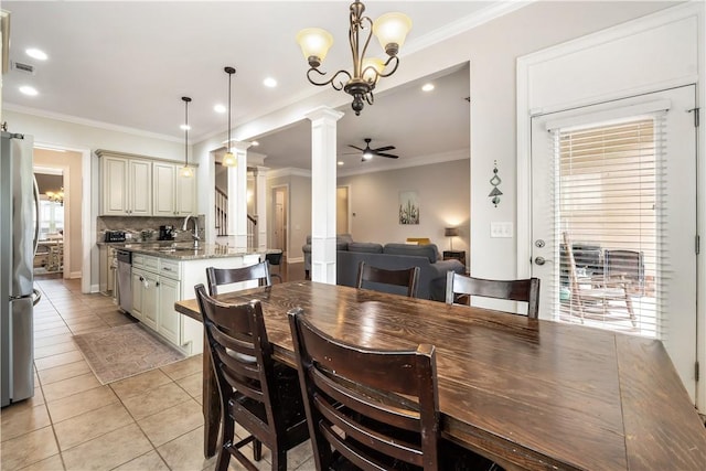 dining space with decorative columns, visible vents, ornamental molding, recessed lighting, and light tile patterned flooring