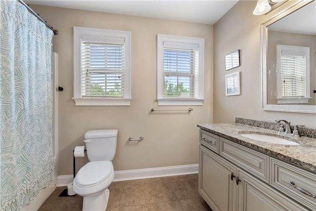 full bath featuring toilet, baseboards, plenty of natural light, and vanity