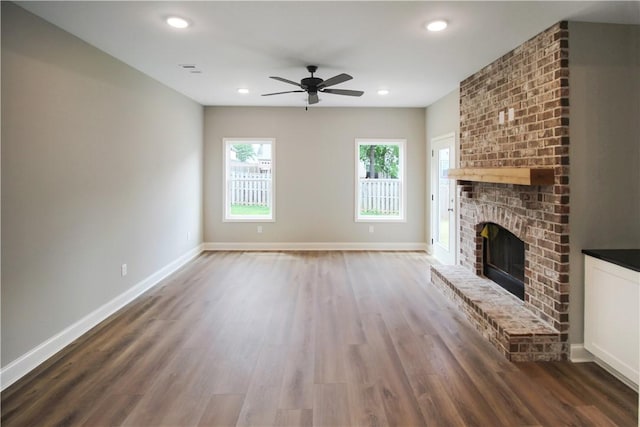 363 Lightness Dr, Auburn, AL 36832 - unfurnished living room featuring ceiling fan, a fireplace, recessed lighting, baseboards, and wood finished floors