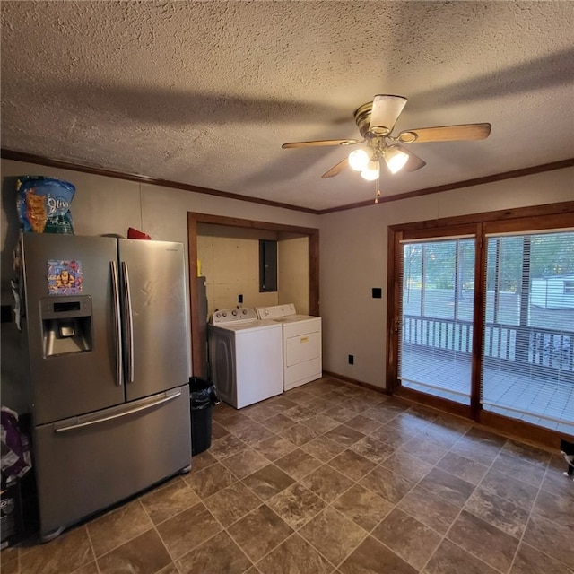 laundry room featuring ornamental molding, a textured ceiling, ceiling fan, washing machine and dryer, and electric panel