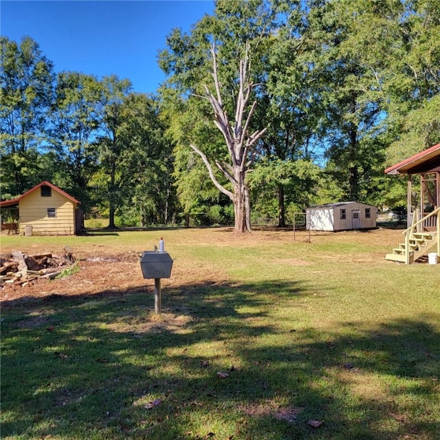 view of yard with a storage shed