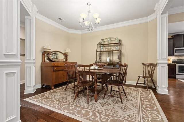 1107 Hampstead Ln, Opelika, AL 36801 - dining room with ornate columns, dark wood-style floors, crown molding, a chandelier, and baseboards