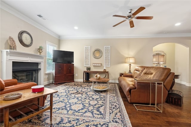 1107 Hampstead Ln, Opelika, AL 36801 - living area with ornamental molding, wood finished floors, ceiling fan, baseboards, and recessed lighting