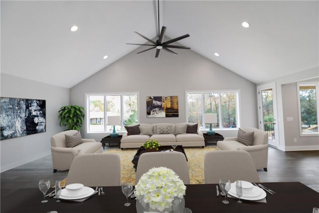 living room featuring ceiling fan, dark hardwood / wood-style flooring, and vaulted ceiling