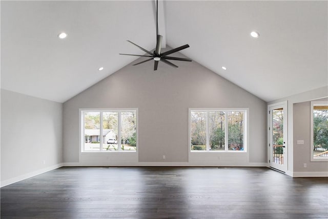 unfurnished living room featuring vaulted ceiling with beams, dark hardwood / wood-style floors, and ceiling fan