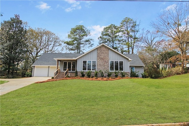 single story home with a garage and a front lawn