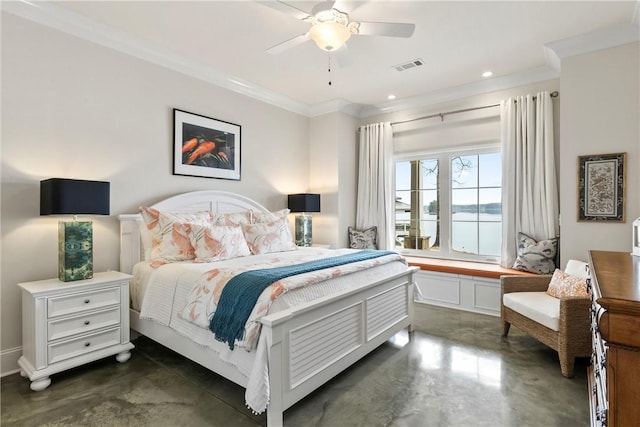 bedroom featuring crown molding, a water view, and ceiling fan