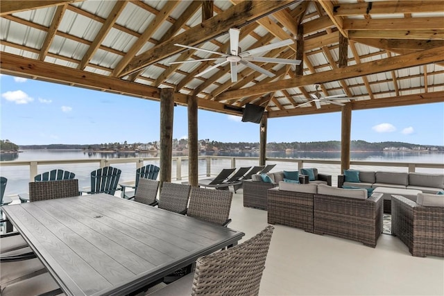 view of patio featuring an outdoor living space, a gazebo, a water view, and ceiling fan