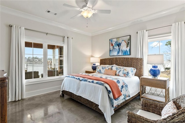 bedroom with crown molding and ceiling fan