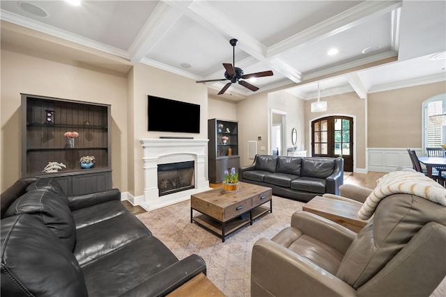 1579 Alex Ave, Auburn, AL 36830 - living room with beamed ceiling, ornamental molding, coffered ceiling, ceiling fan, and a fireplace with raised hearth