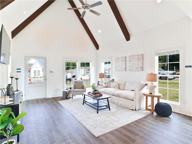 0104 Bradley Ln, Auburn, AL 36830 - living area with high vaulted ceiling, beamed ceiling, wood finished floors, ceiling fan, and recessed lighting