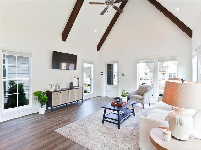0104 Bradley Ln, Auburn, AL 36830 - living room with beamed ceiling, high vaulted ceiling, a ceiling fan, wood finished floors, and healthy amount of natural light