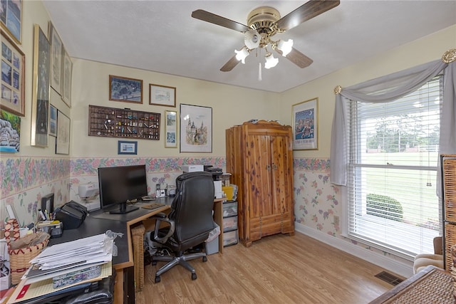 2500 Ridge Rd, Opelika, AL 36801 - office with a ceiling fan, visible vents, wallpapered walls, light wood finished floors, and baseboards