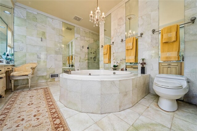 bathroom with crown molding, separate shower and tub, toilet, tile walls, and a notable chandelier