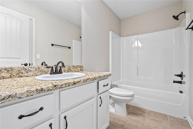 bathroom with vanity, bathtub / shower combination, toilet, and tile patterned floors