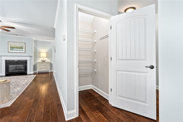 hall with baseboards and dark wood-style flooring