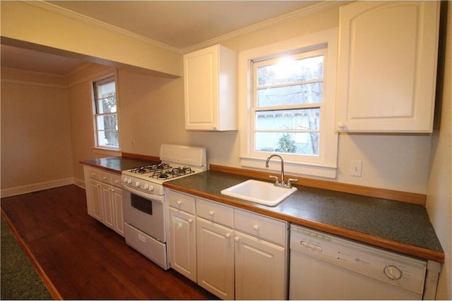 kitchen with sink, white appliances, crown molding, white cabinetry, and dark hardwood / wood-style flooring