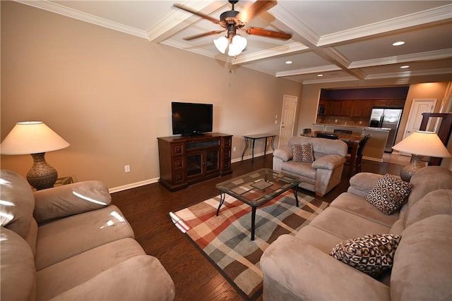 living room with beamed ceiling, dark hardwood / wood-style flooring, coffered ceiling, ceiling fan, and crown molding