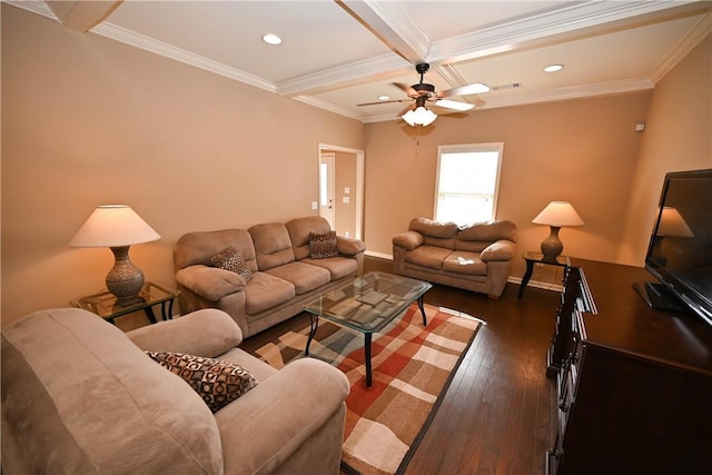 living room featuring crown molding, dark hardwood / wood-style floors, and beam ceiling