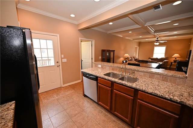 kitchen with sink, crown molding, stainless steel appliances, and light stone countertops