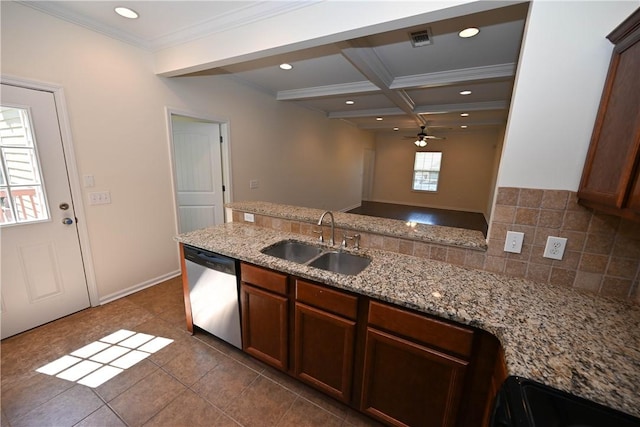 2472 Waterstone Cir, Auburn, AL 36832 - kitchen featuring stainless steel dishwasher, ceiling fan, light stone countertops, coffered ceiling, and beamed ceiling