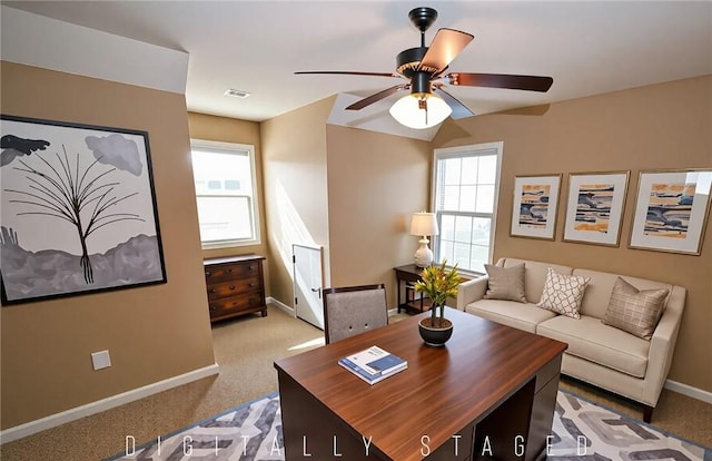 2472 Waterstone Cir, Auburn, AL 36832 - living room featuring light carpet, ceiling fan, and a desk