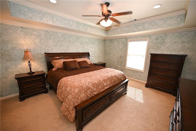 bedroom featuring crown molding, light carpet, and ceiling fan