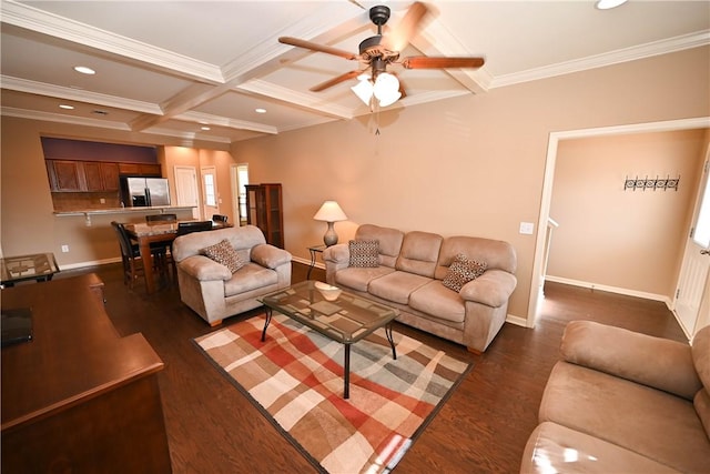 living room featuring coffered ceiling, ornamental molding, dark hardwood / wood-style floors, ceiling fan, and beam ceiling