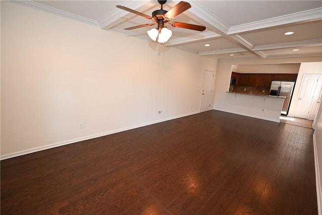 2472 Waterstone Cir, Auburn, AL 36832 - unfurnished living room with a ceiling fan, beamed ceiling, coffered ceiling, recessed lighting, and dark wood-type flooring