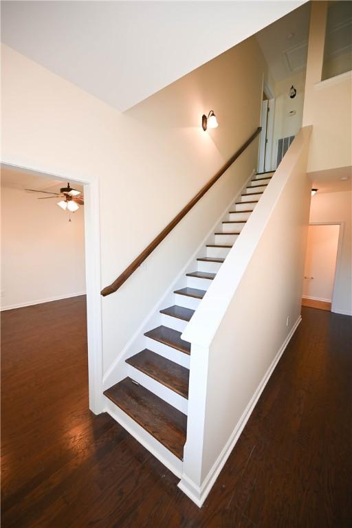 2472 Waterstone Cir, Auburn, AL 36832 - stairs featuring wood finished floors and ceiling fan