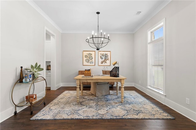office with crown molding, dark wood-style floors, baseboards, and a chandelier