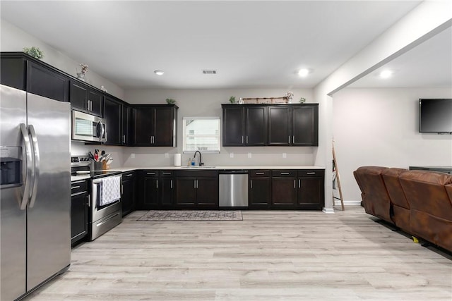 kitchen featuring light wood-type flooring, stainless steel appliances, and sink