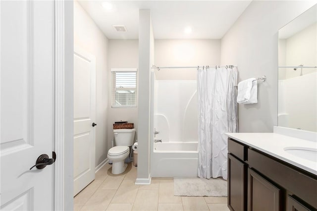 full bathroom with tile patterned flooring, vanity, toilet, and shower / bathtub combination with curtain