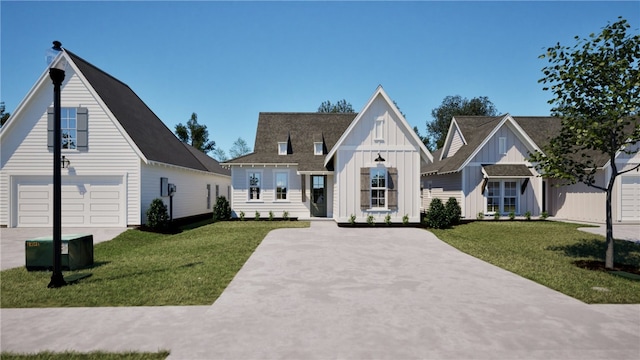 107 Hunters Way, Opelika, AL 36801 - view of front of house featuring board and batten siding, driveway, a front lawn, and a garage
