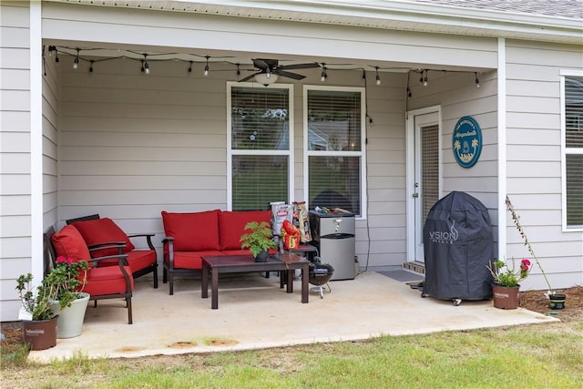 2144 Covey Dr, Auburn, AL 36879 - doorway to property with outdoor lounge area, ceiling fan, and a patio area