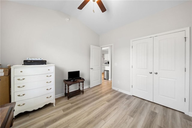 2144 Covey Dr, Auburn, AL 36879 - bedroom featuring lofted ceiling, light wood-style floors, a closet, and a ceiling fan