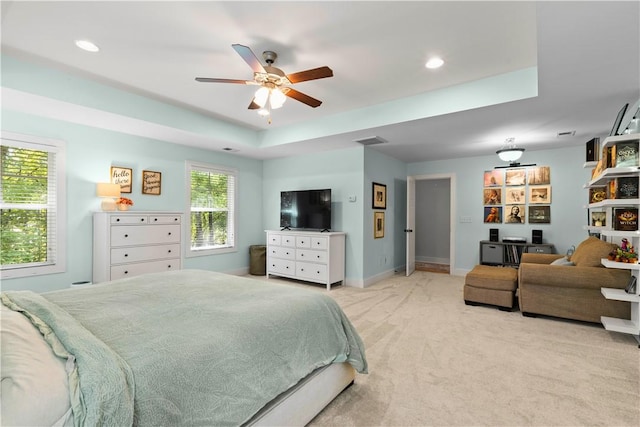 bedroom featuring a ceiling fan, baseboards, recessed lighting, and light carpet