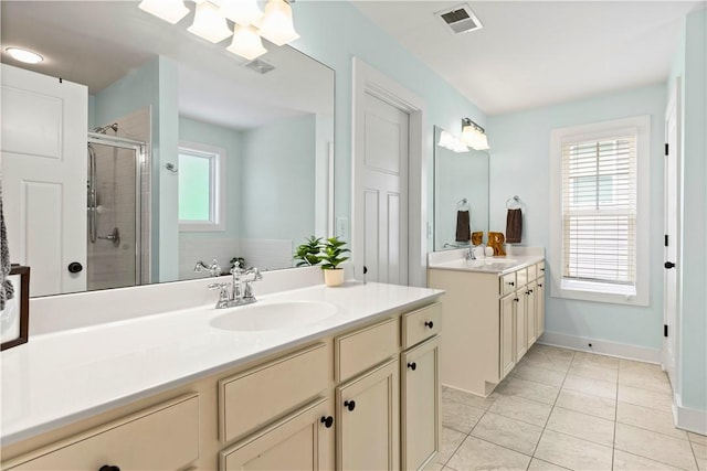 full bathroom with a sink, plenty of natural light, a stall shower, and visible vents