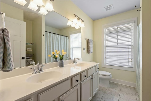 full bath with toilet, baseboards, visible vents, and a sink