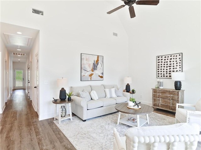 1027 Crossing Ct E, Valley, AL 36854 - living room featuring attic access, wood finished floors, a high ceiling, and a ceiling fan