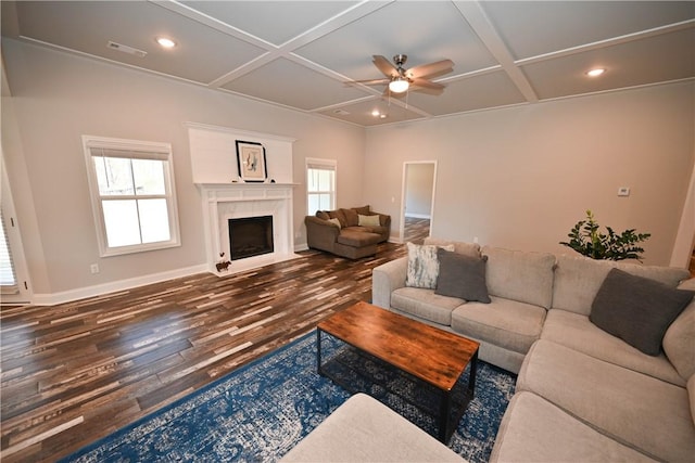86 Lee Road 2229, Opelika, AL 36804 - living area with wood finished floors, coffered ceiling, a ceiling fan, baseboards, and a tiled fireplace