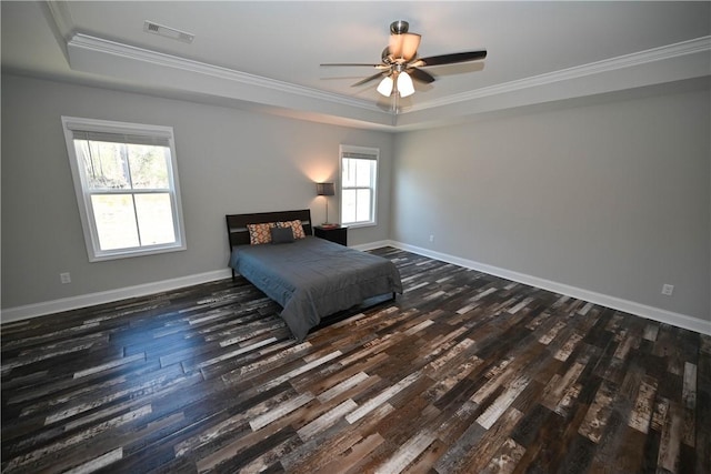 86 Lee Road 2229, Opelika, AL 36804 - bedroom with a raised ceiling, dark wood-style floors, crown molding, baseboards, and ceiling fan