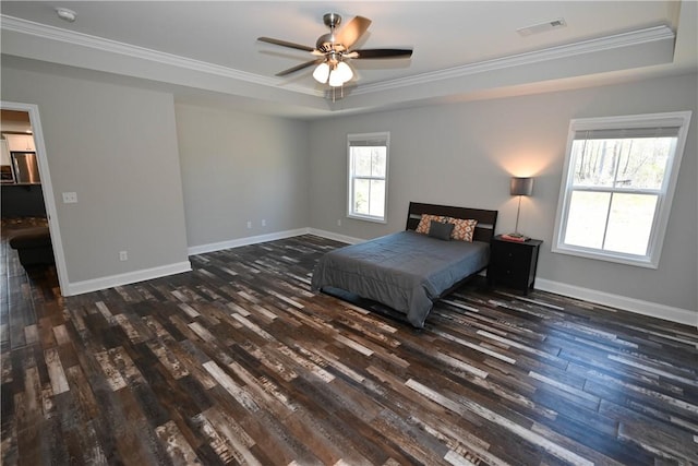 86 Lee Road 2229, Opelika, AL 36804 - bedroom featuring a tray ceiling, dark wood-style floors, ornamental molding, baseboards, and a ceiling fan